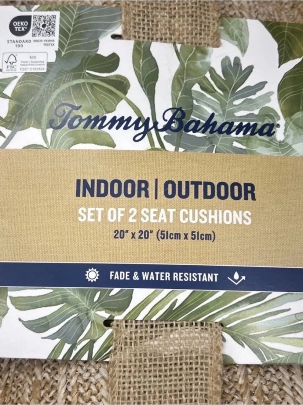 NEW x2 Tommy Bahama Seat Cushion Set Tan Woven Faux Straw Raffia Indoor Outdoor